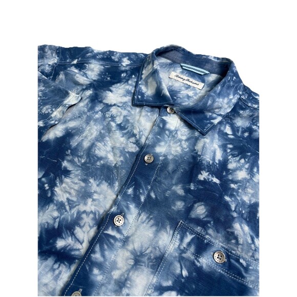 NWOT Tommy Bahama Men's L‎ Poolside Tie Dye Shirt Blue White Linen Hawaiyi SL